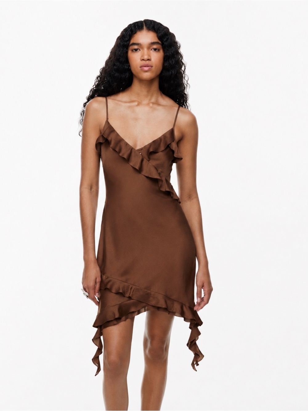 Aritzia Wilfred Botanical Satin Mini Dress in Chocolate Brown